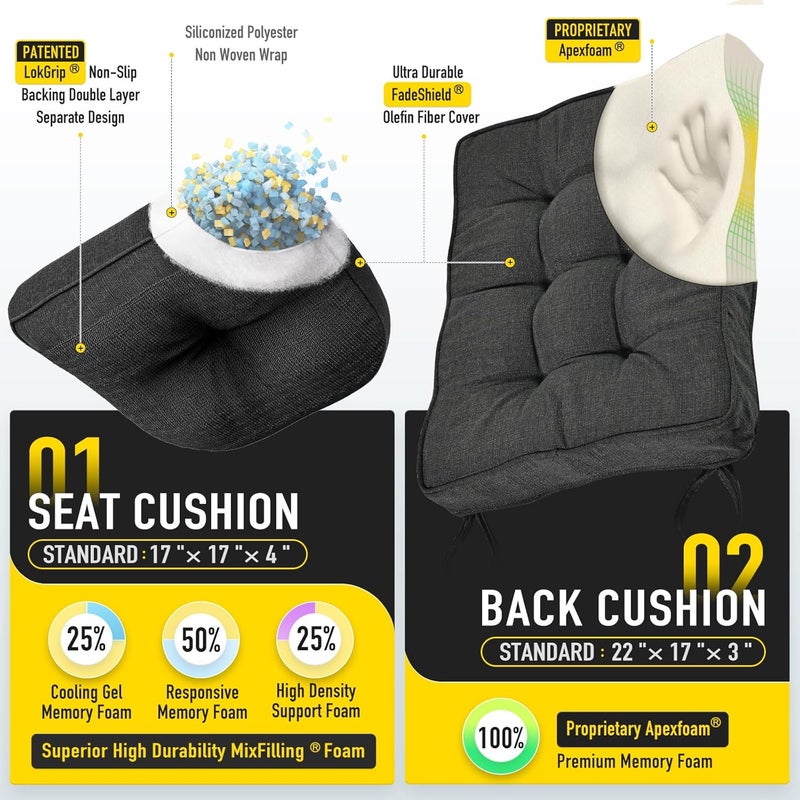 SUNROX Memory Foam Non Slip Rocking Chair Cushion, FadeShield Water Resistant Thicken Durable Tufted Pads, Set of Seat & Back Cushion with Ties for Indoor/Outdoor Rocker, 2 Piece, Midnight - Image 2
